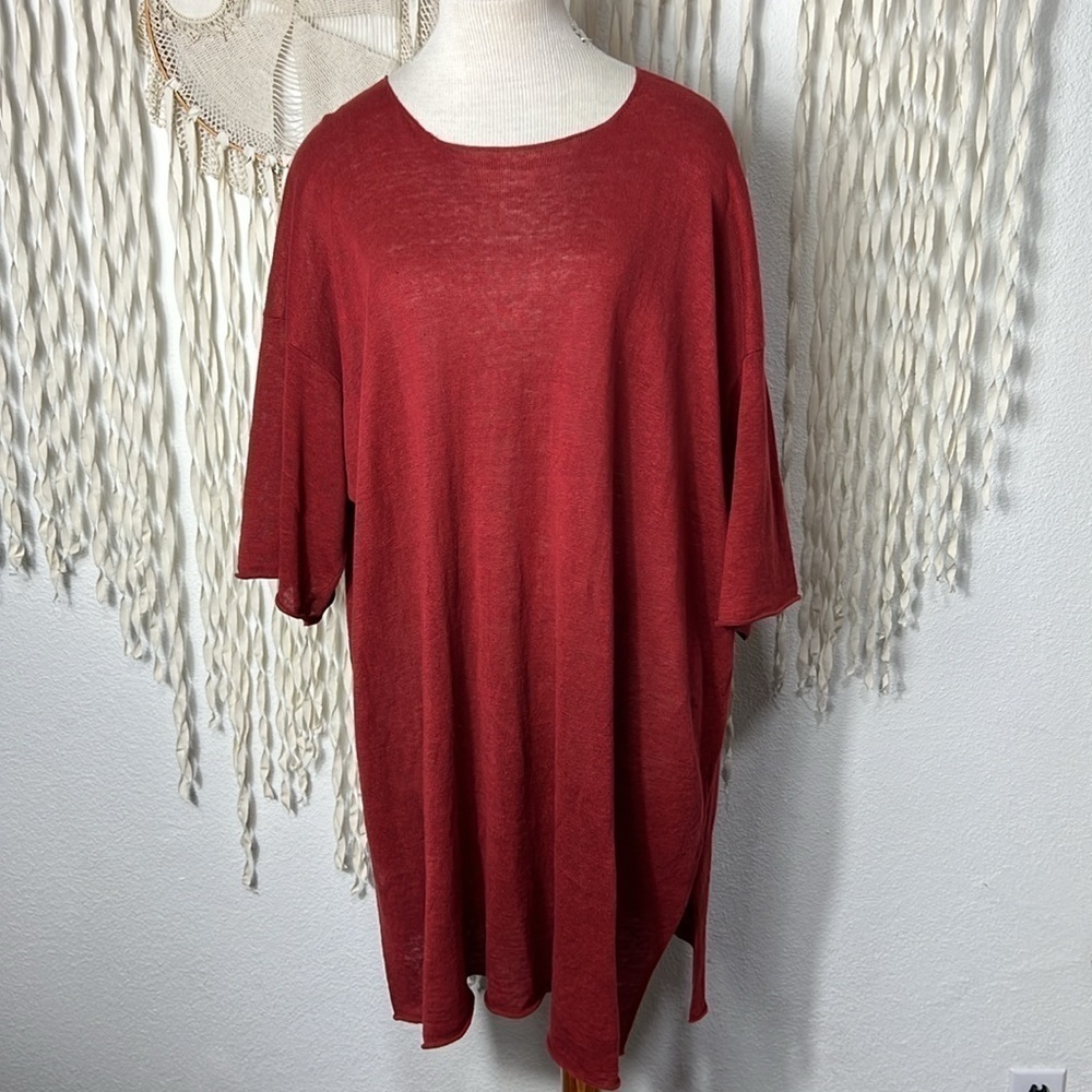 Eskandar Rust Linen Tunic Length Drop Sleeve Top